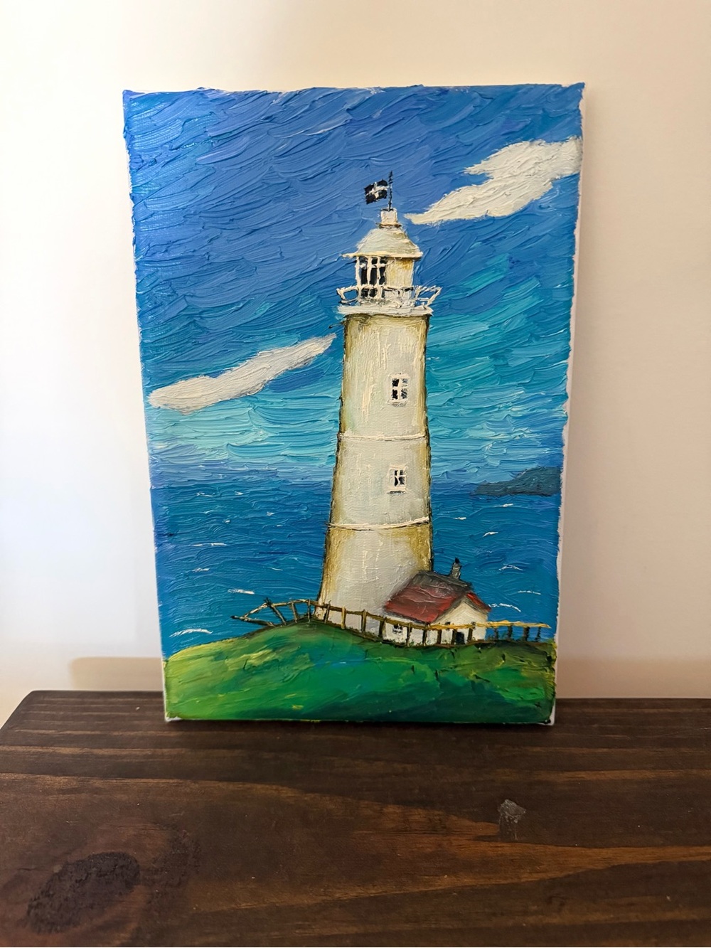 Cornish Lighthouse Oil Painting | Coastal Nautical Folk Art 8x12